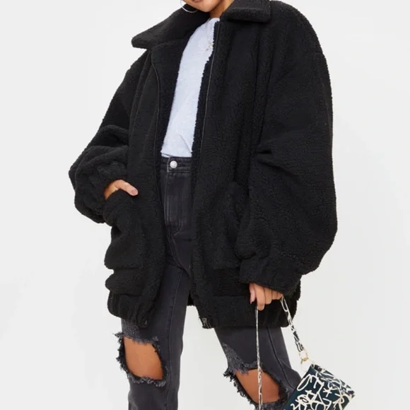 Black oversized borg pocket front coat - Picture 4 of 6